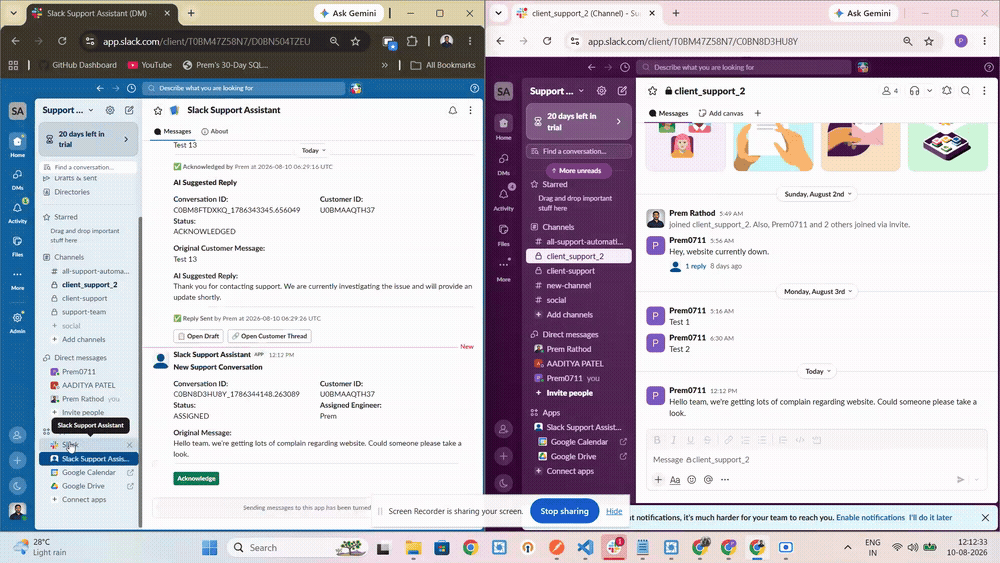 Slack Support Assistant demo — new conversation, availability check, AI-suggested reply, approve and send